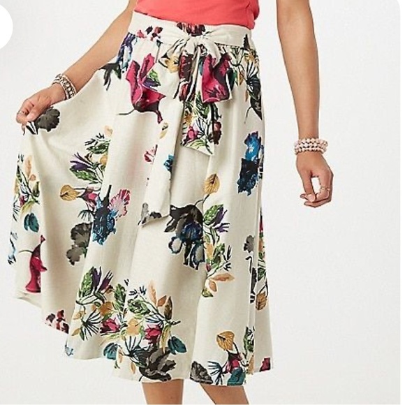 Roz & Ali Floral Print Linen MIDI Skirt - Picture 1 of 8